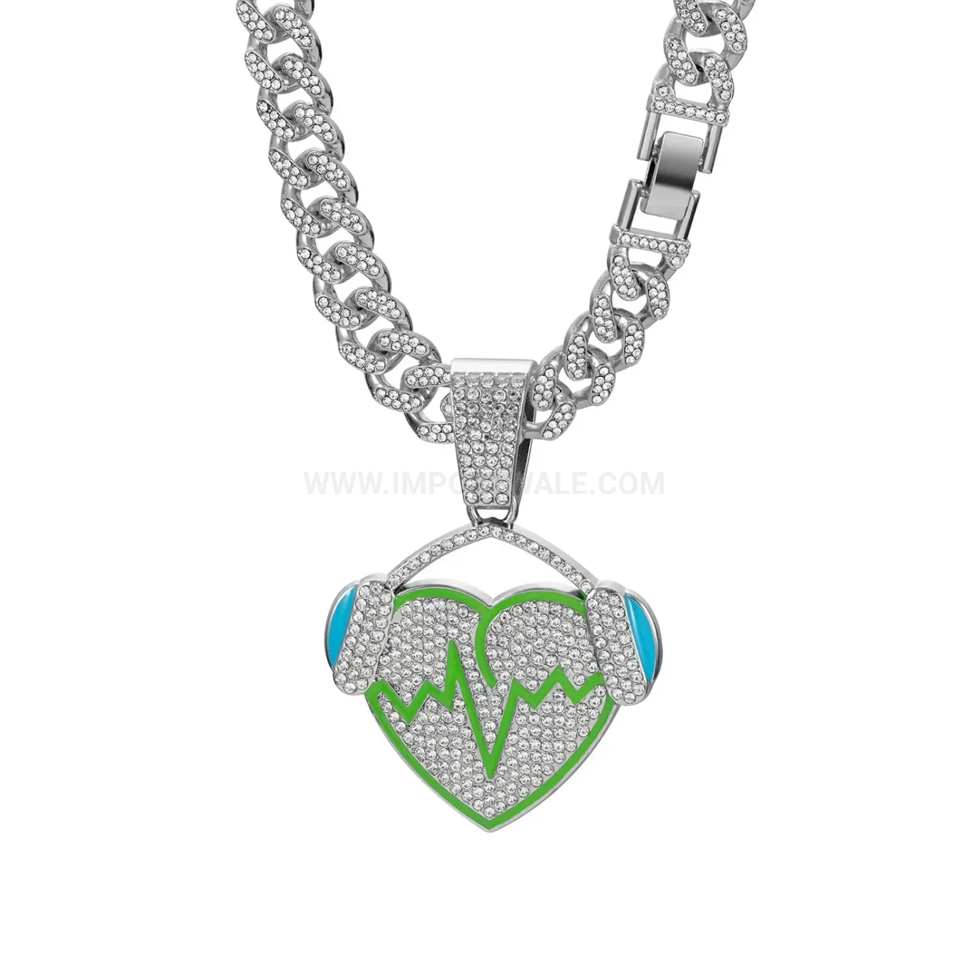 Classic Headphone Heartbeat Motif Cuban Link Pendant Necklace
