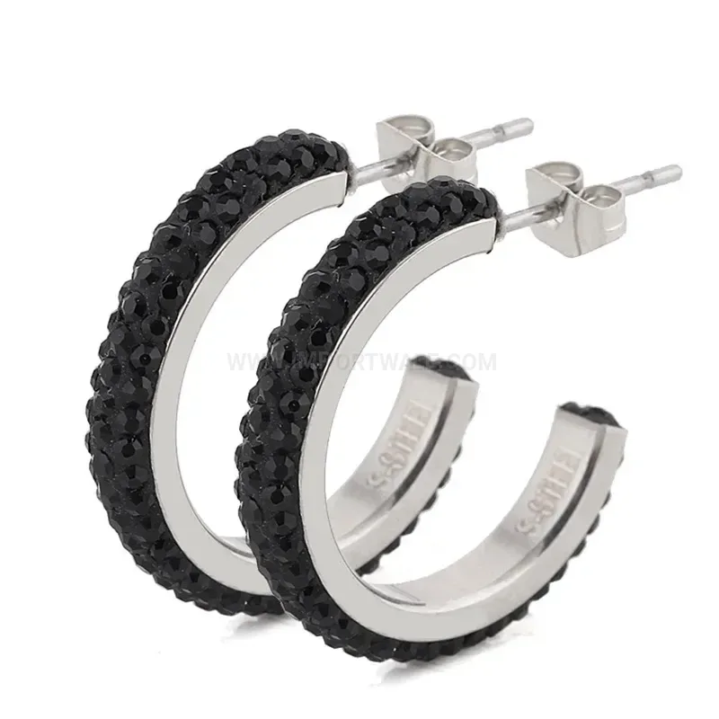 Fashion Triple Row Rhinestone C Hoop Earrings in Stainless Steel