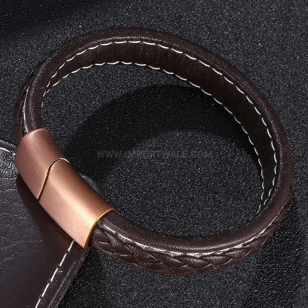 Braided Leather Wristband featuring Rose Gold Plated Stainless Clasp