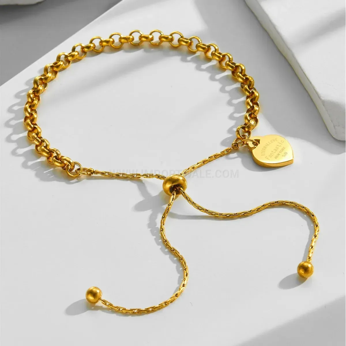 Adjustable Gold Heart Charm Titanium Steel Pearl Chain Bracelet