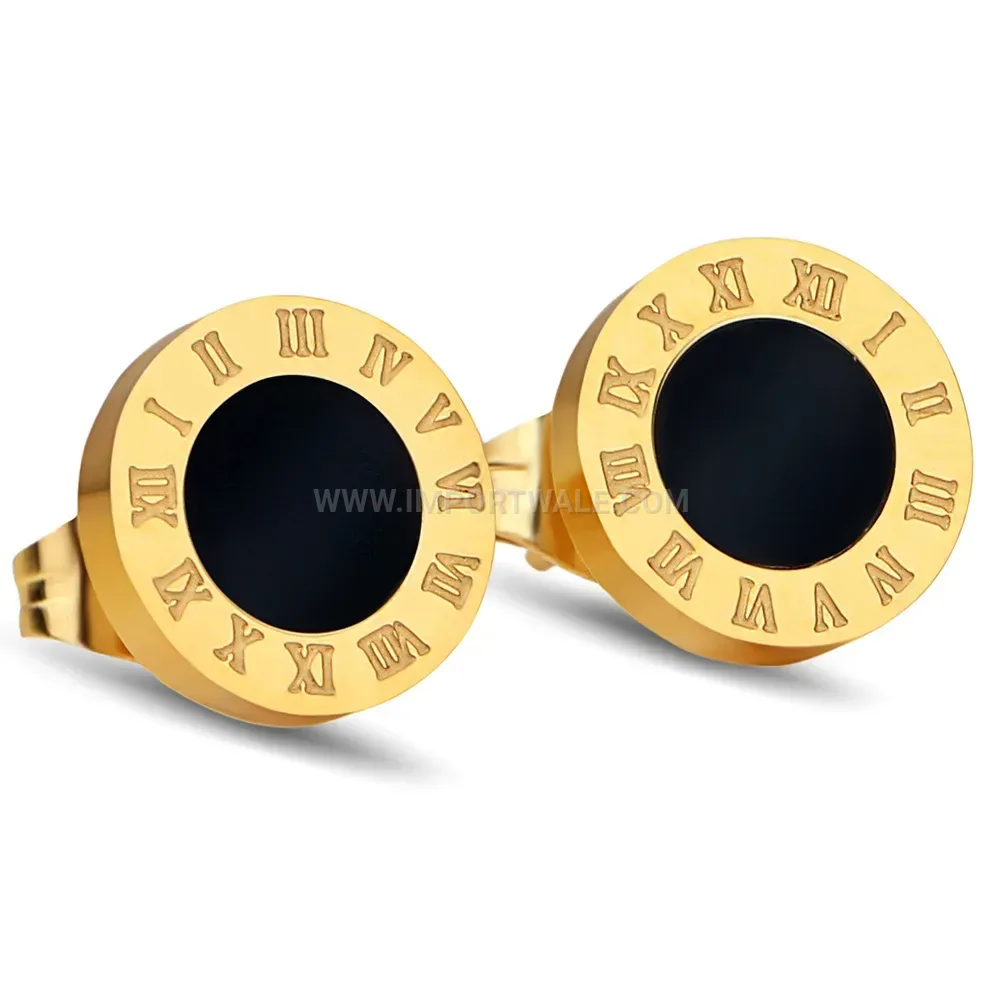 Stainless Steel Roman Numeral Round Stud Earrings with Shell Accent