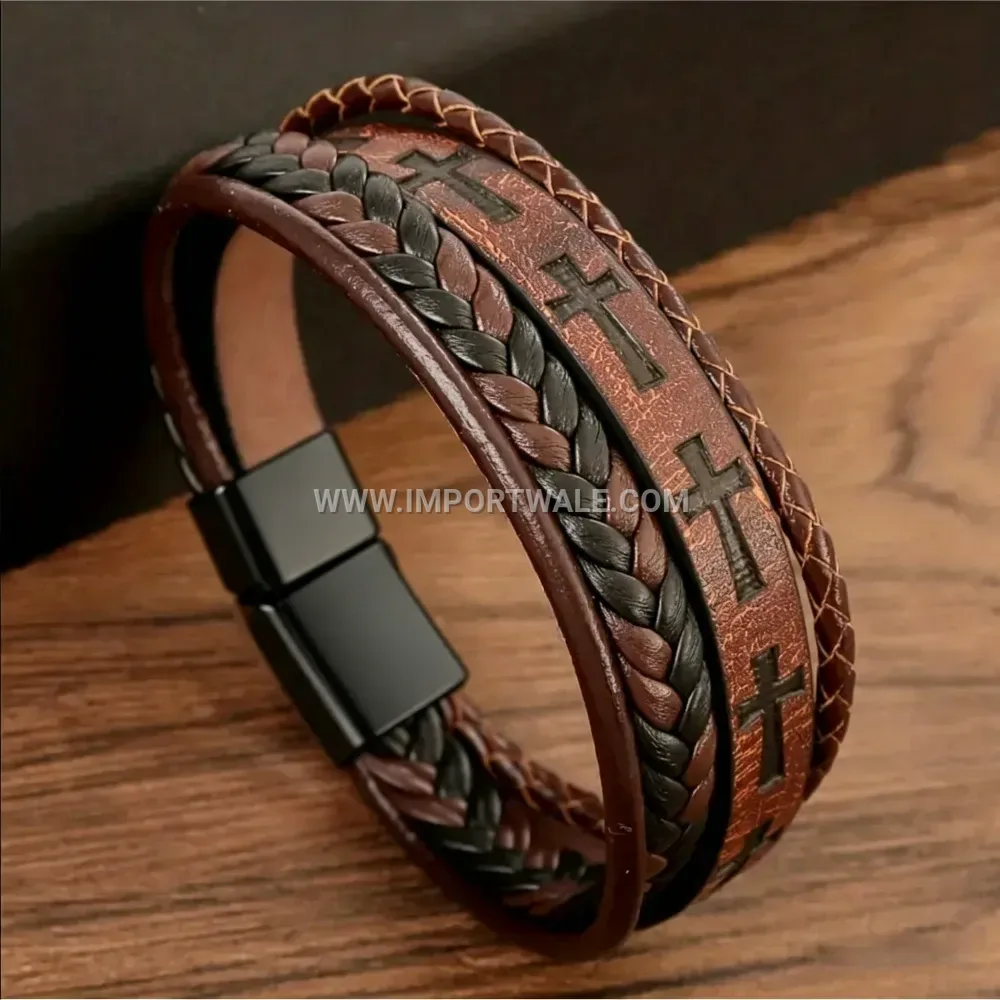 Cross Print Braided Leather Wristband With Metallic Magnetic Clasp