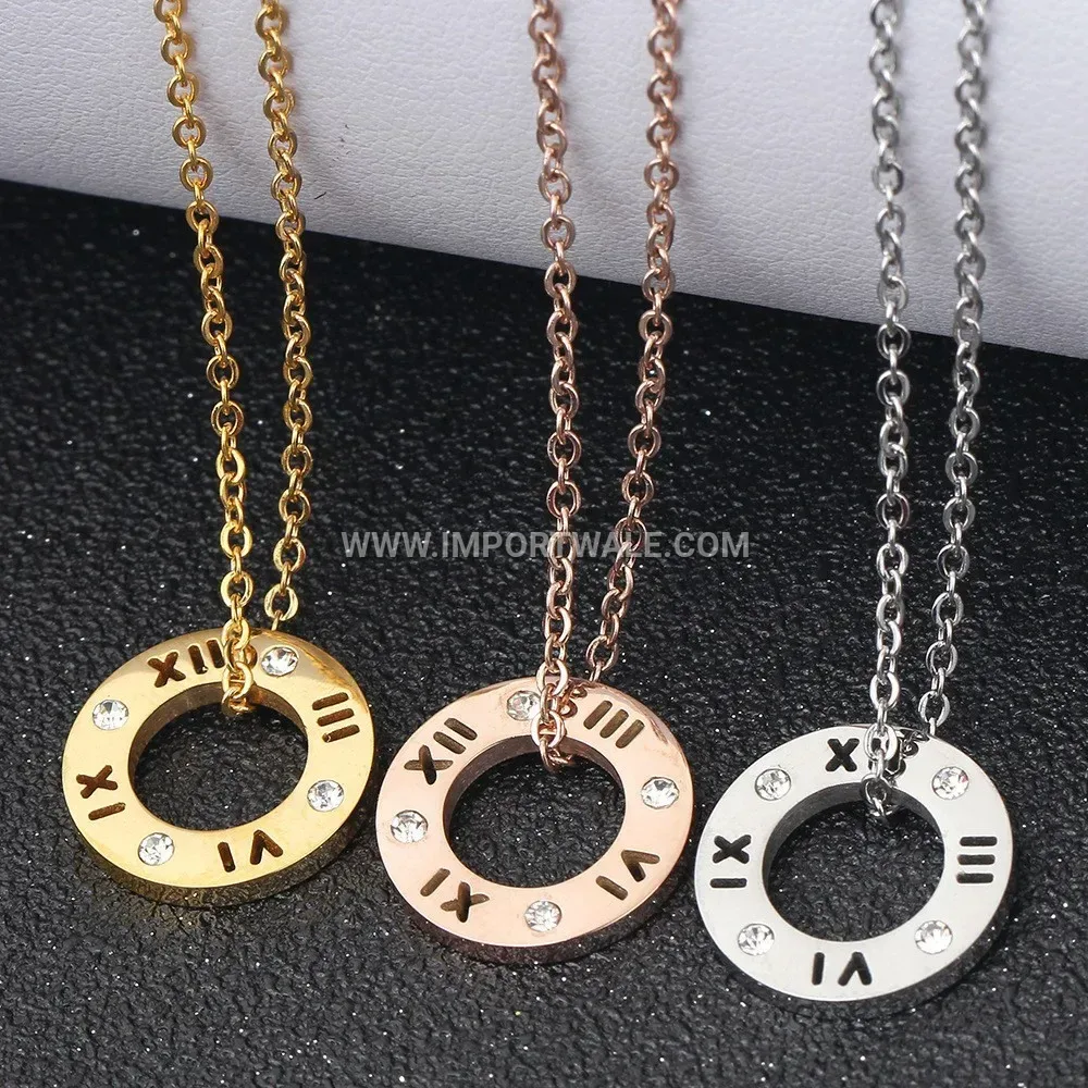 Stainless Steel Cutout Roman Numeral Rhinestone Circular Necklace