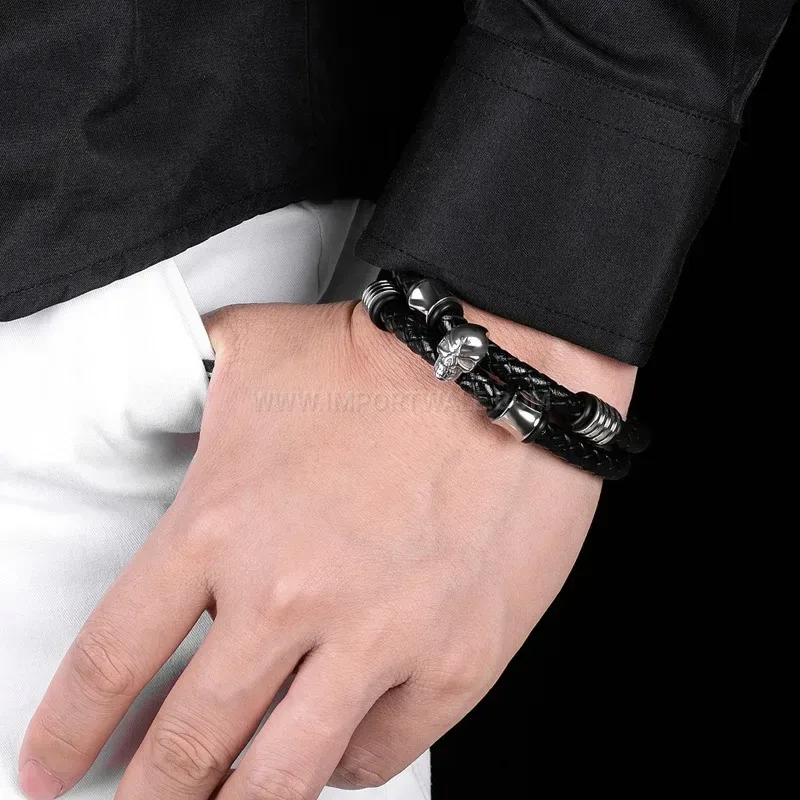 Chic Double Wrap Leather Bracelet With Stainless Steel Flame Skull Beads