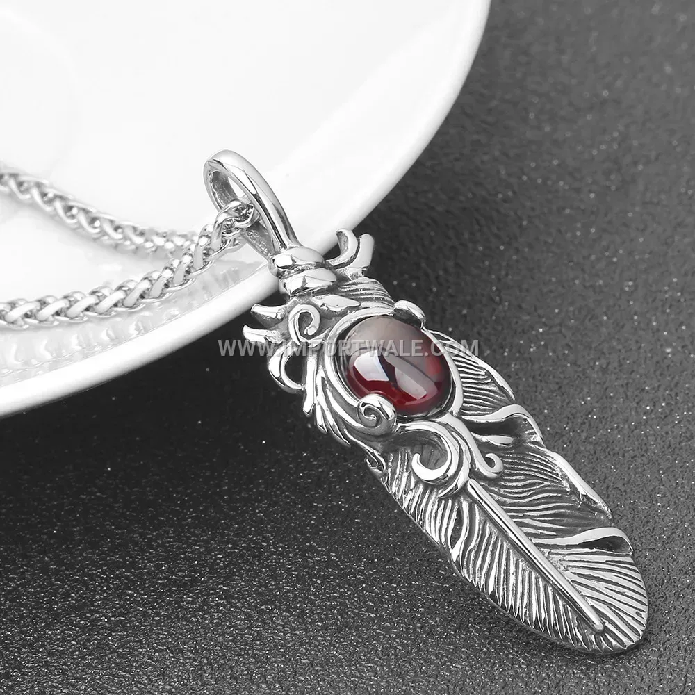 Vintage Distressed Feather Stainless Steel Pendant Necklace for Men