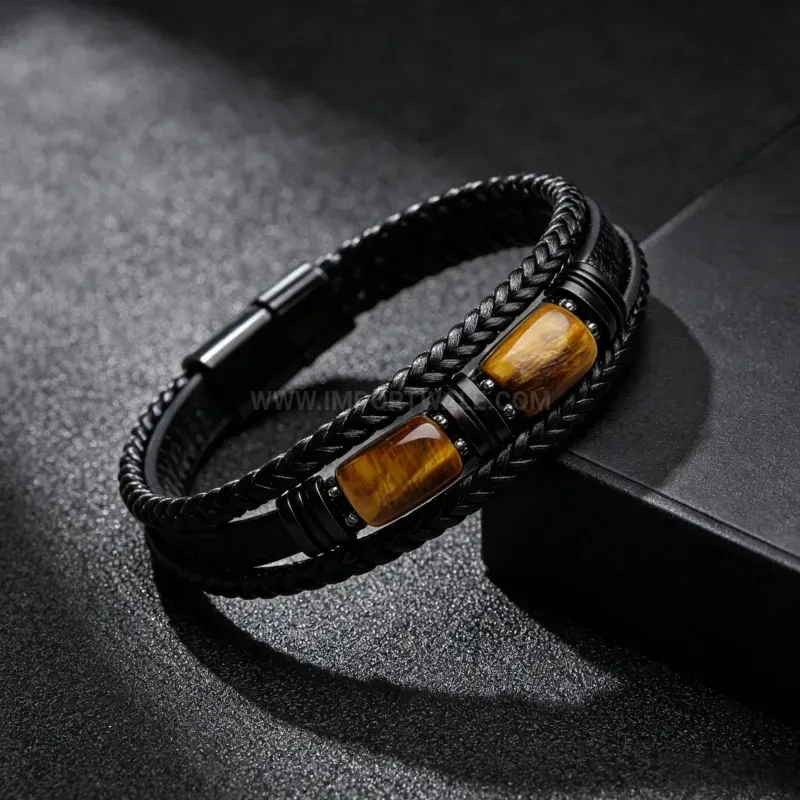 Chic Double Layer Leather Bracelet With Natural Tiger Eye Beads