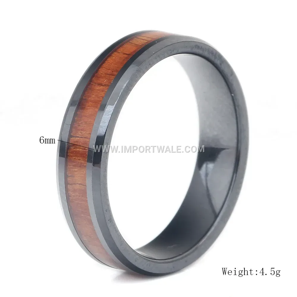 Black Stainless Steel Wood Grain Band Ring