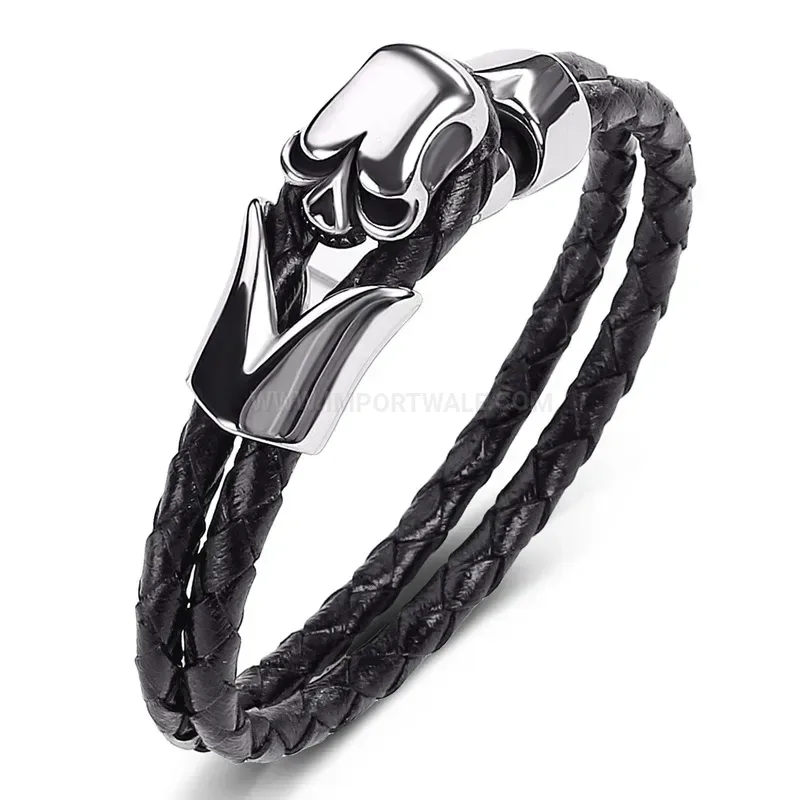 Classic Double Wrap Leather Wristband with Stainless Steel Skull Hardware