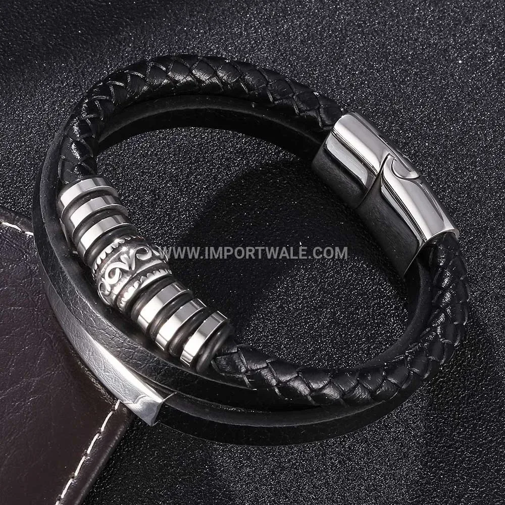 Multi Strand Woven Black Leather Wristband Stainless Steel Magnetic Buckle