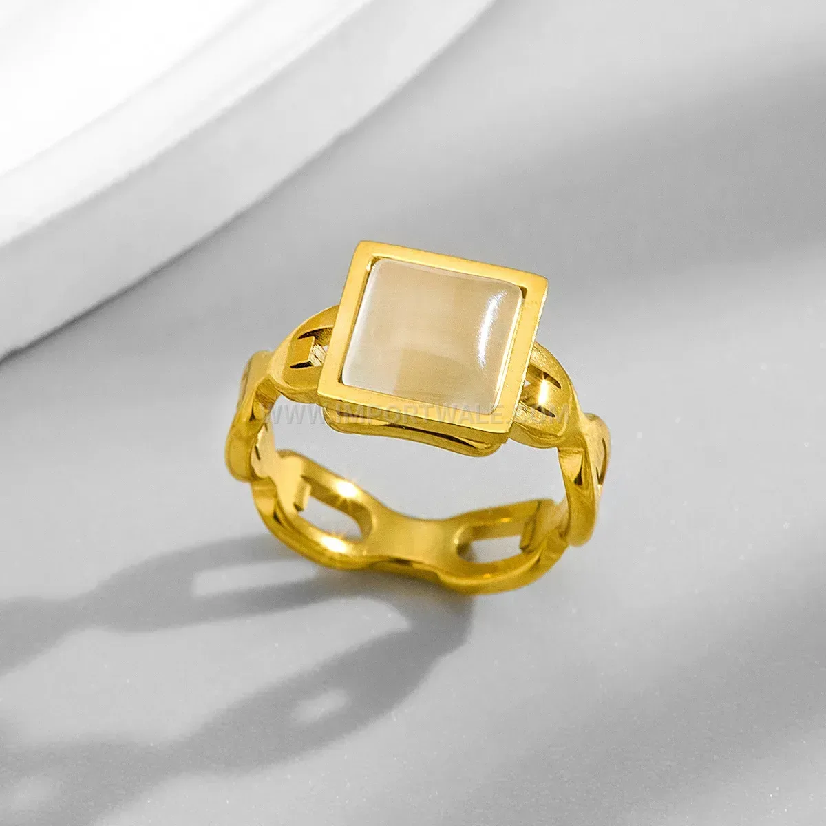 Geometric Cutout Stainless Steel Gold Plated Zircon Band Ring