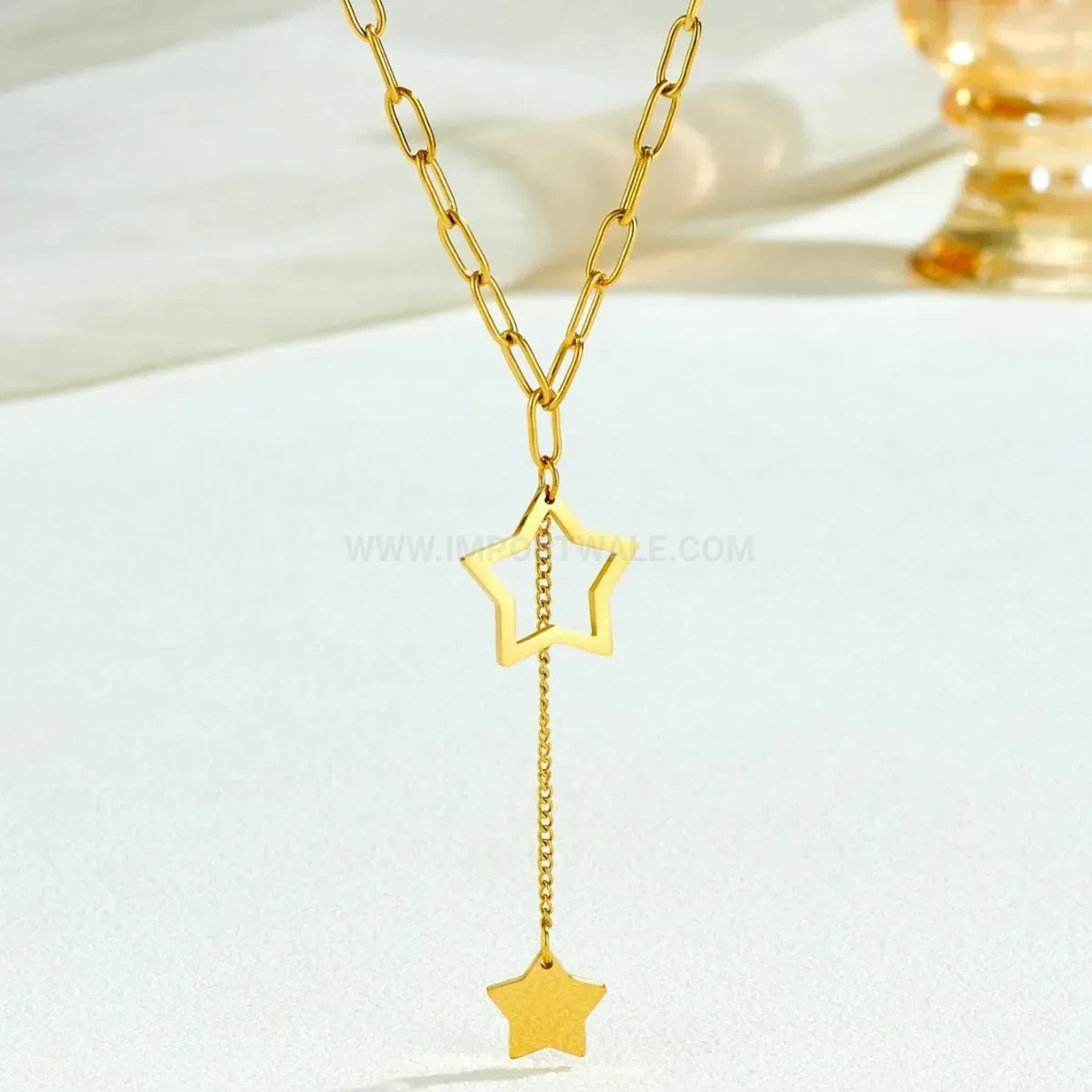 Gold Plated Stainless Steel Cutout Star Pendant Tassel Necklace