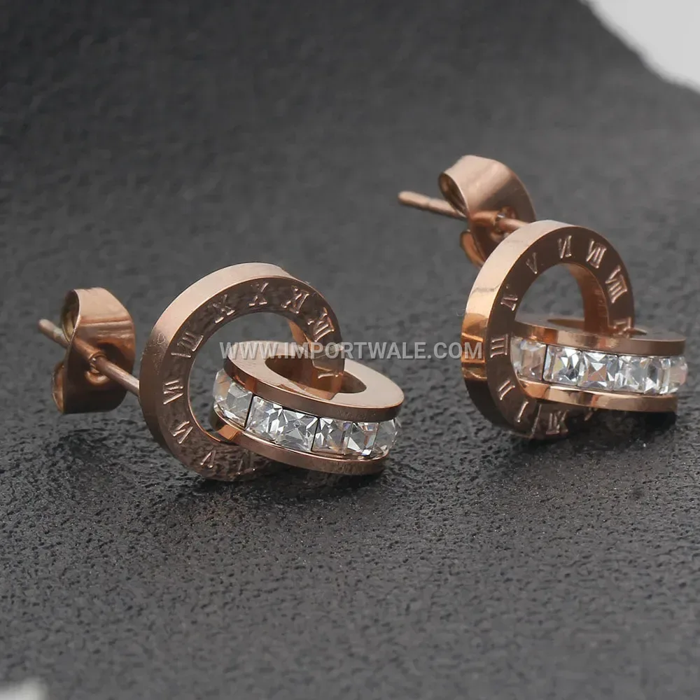 Rose Gold Stainless Steel Roman Numeral Crystal Disc Earrings