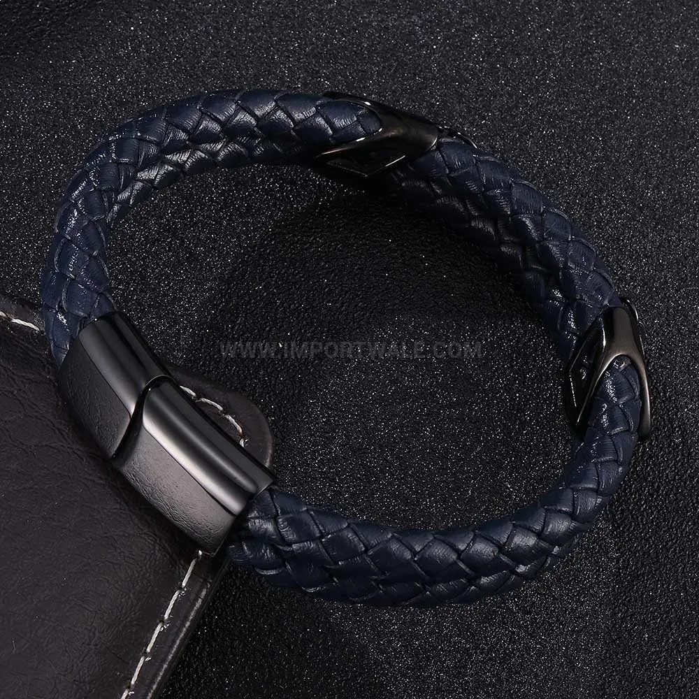 Chic Double-Layer Woven Navy Leather Men's Stainless Steel Clasp Bracelet