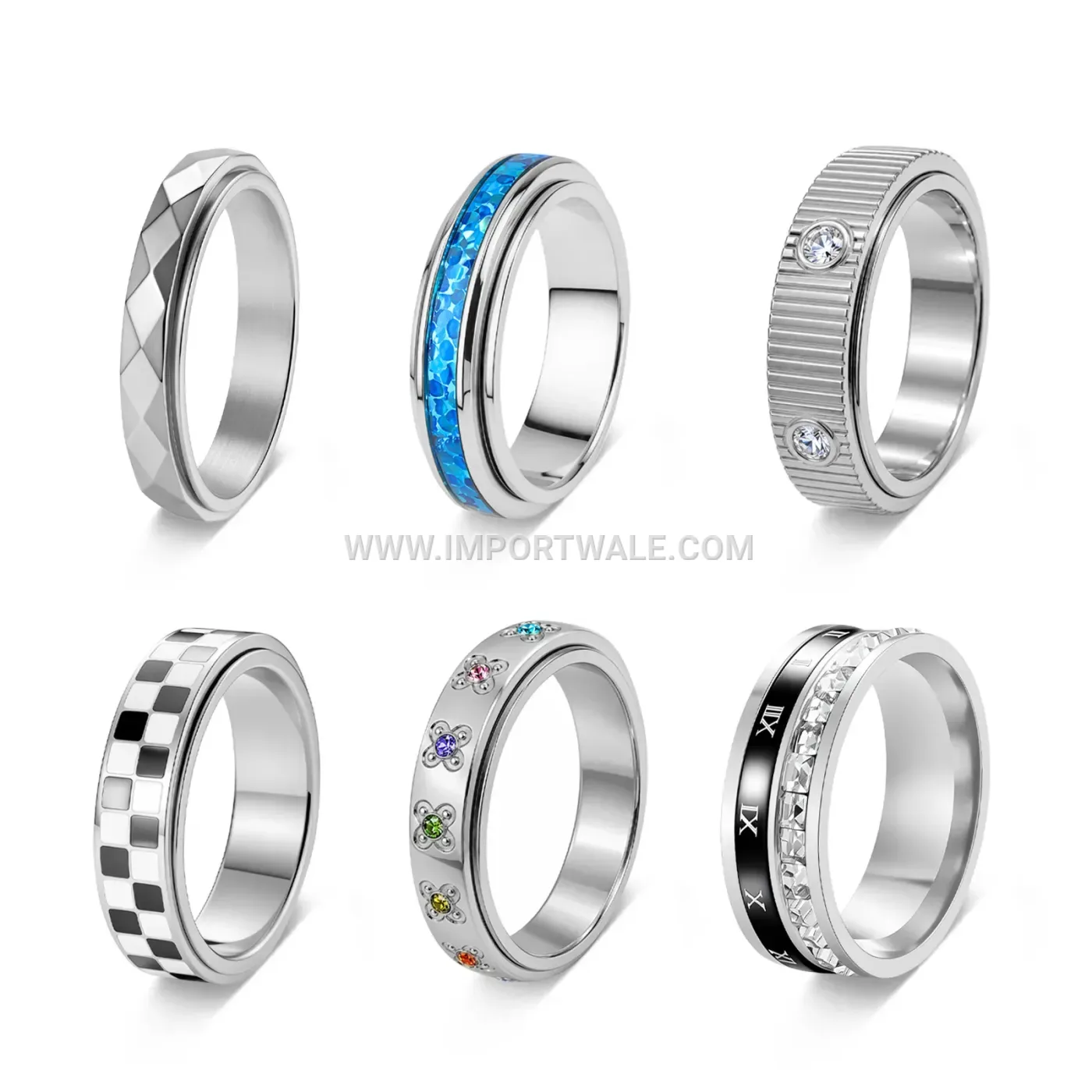 Checkerboard Spinning Stainless Steel Ring with Colored Crystals