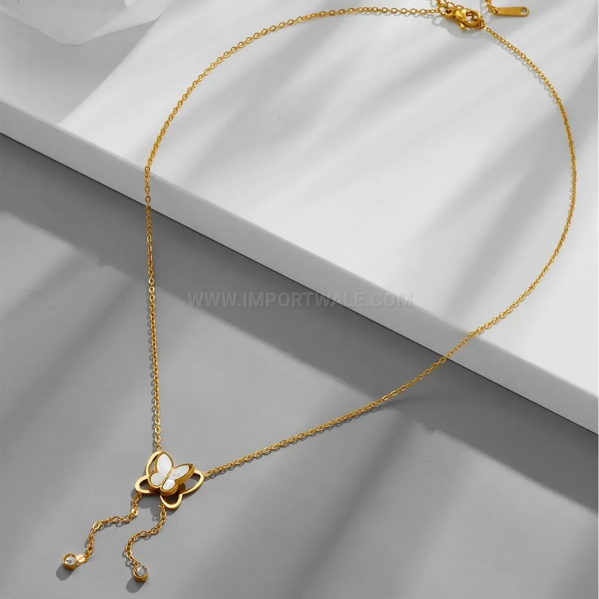 Gold Titanium Steel Hollow Butterfly Tassel Mother of Pearl Pendant Necklace