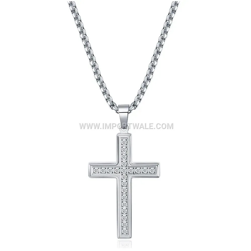 Rhinestone Embellished Stainless Steel Cross Pendant Necklace