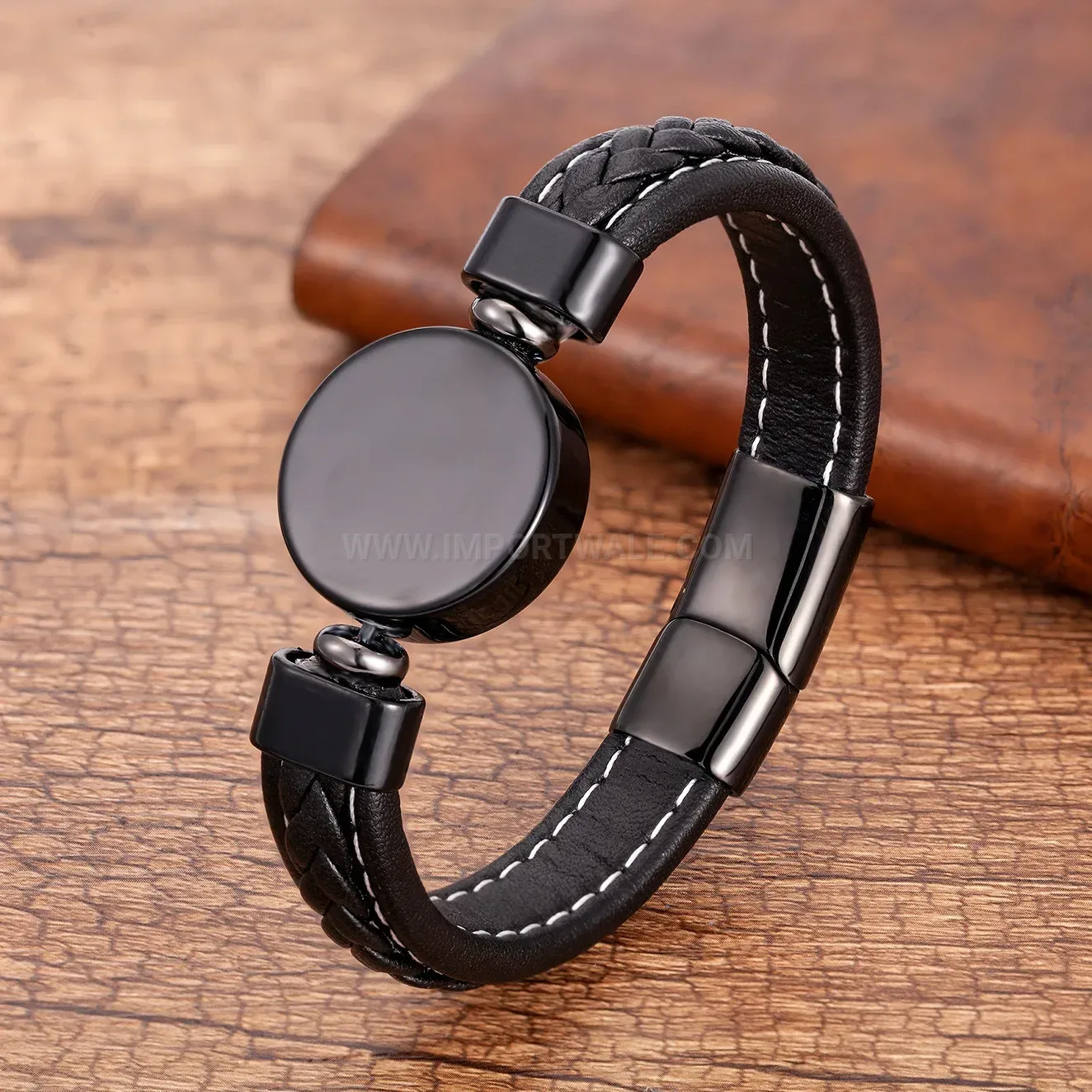 Minimalist Round Stone Woven Leather Bracelet with Stainless Steel Clasp
