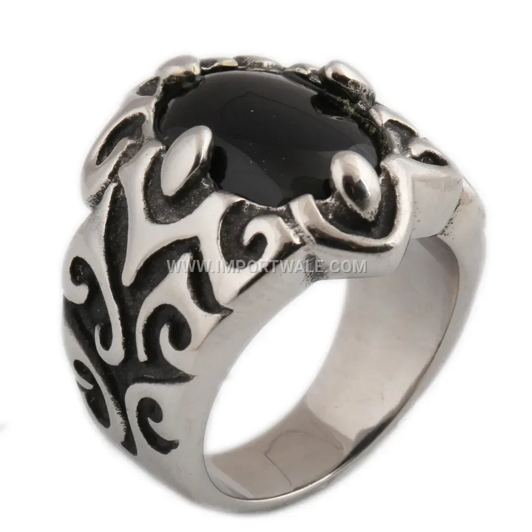 Vintage Oval Agate Inlaid Titanium Steel Signet Ring