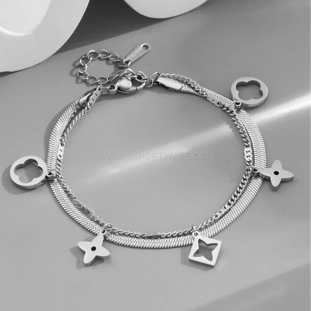 Classic Hollow Four Leaf Clover Layered Titanium Steel Bracelet