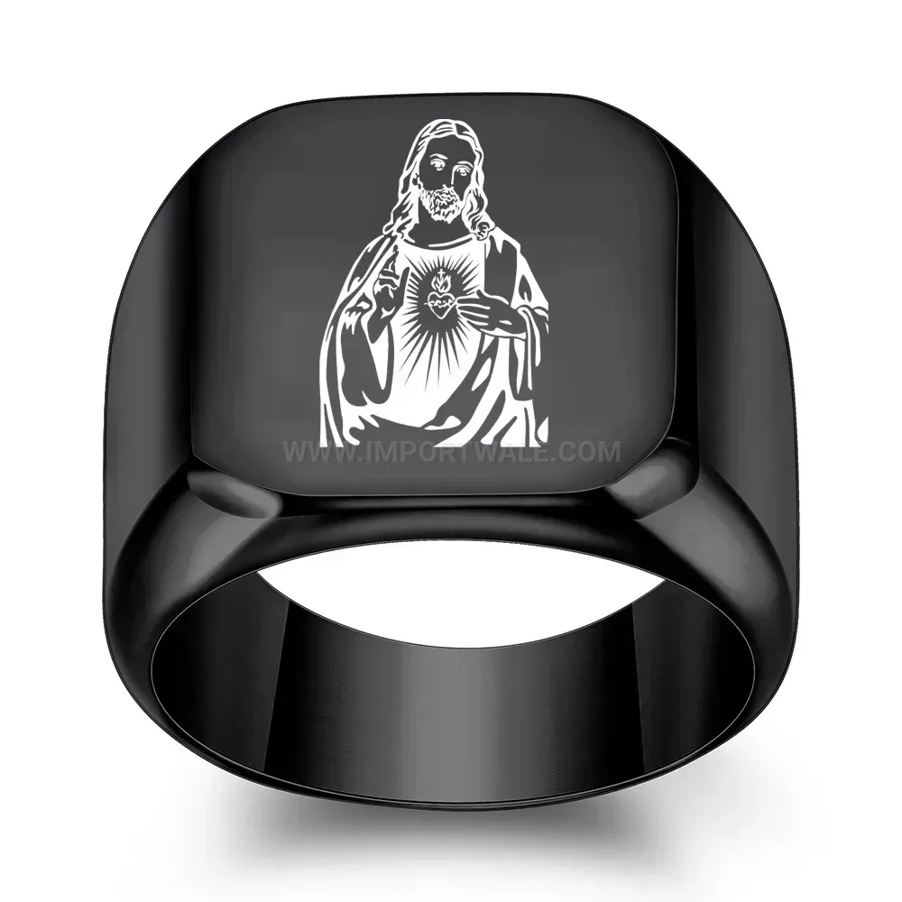 Modern Laser Engraved Guardian Angel Stainless Steel Signet Ring