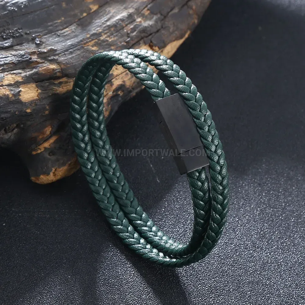 Double Wrap Braided Leather Bracelet with Black Stainless Steel