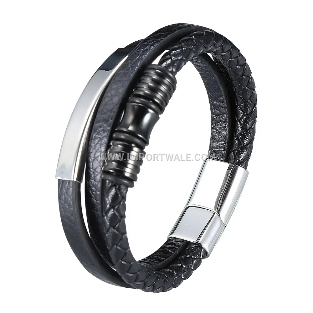 Multi Layer Braided Leather Stainless Steel Magnetic Bracelet