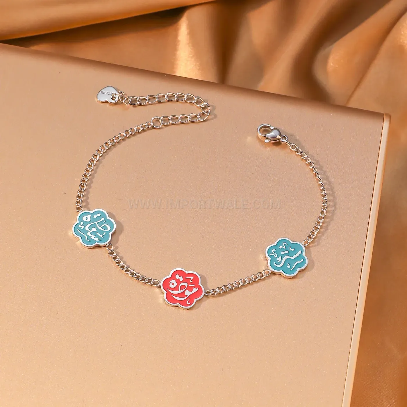 Stainless Steel Enamel Flower Charm Arabic Calligraphy Chain Bracelet