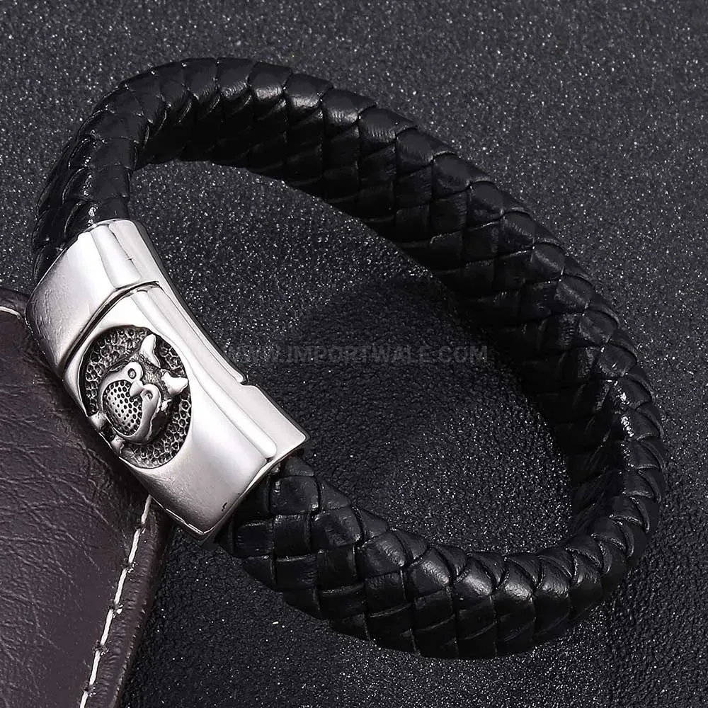 Owl Detail Genuine Leather Bracelet With Stainless Steel Magnetic Clasp