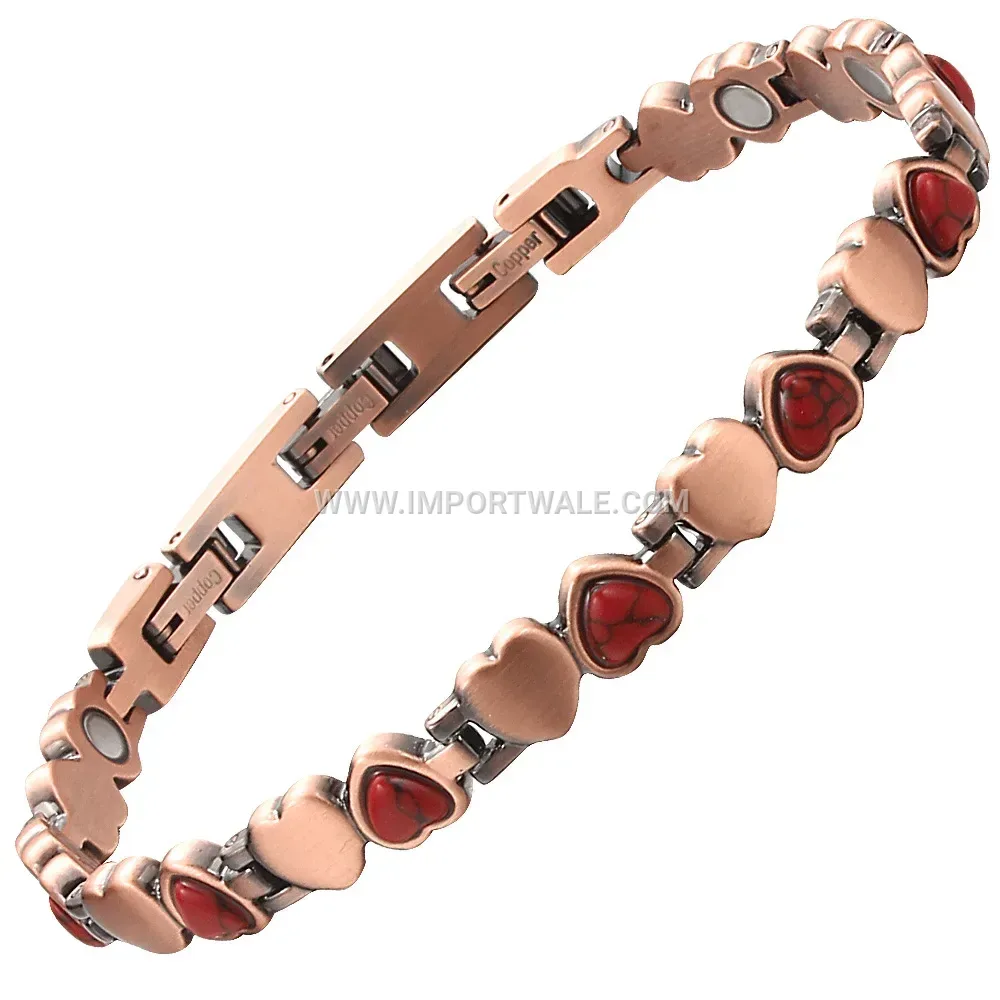 Vintage Heart Inlaid Natural Stone Red Copper Magnetic Bracelet