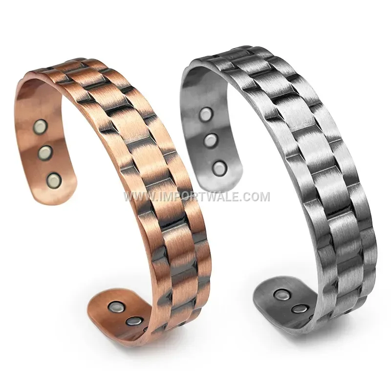 Adjustable Copper Magnetic Cuff Bracelet with Geometric Pattern
