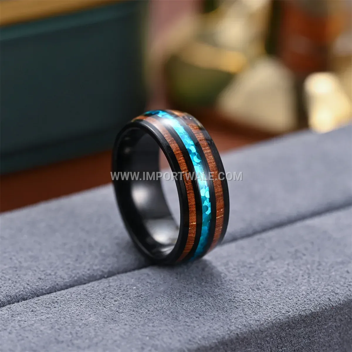 Stainless Steel Acacia Wood Shell Inlay Band Ring