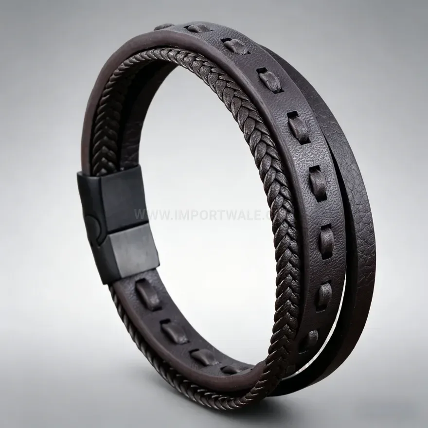 Elegant Dual Layer Woven Leather Cord Wristband with Magnetic Closure