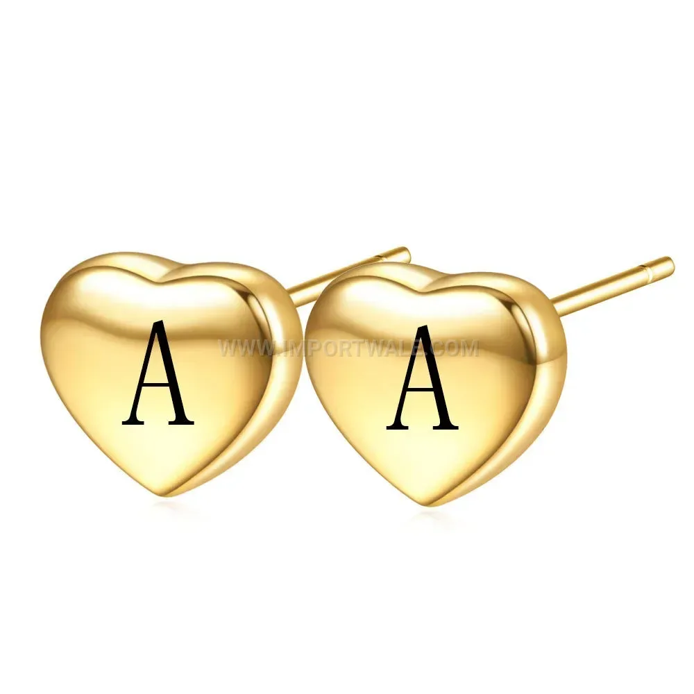 Engraved Alphabet Heart Stainless Steel Stud Earrings