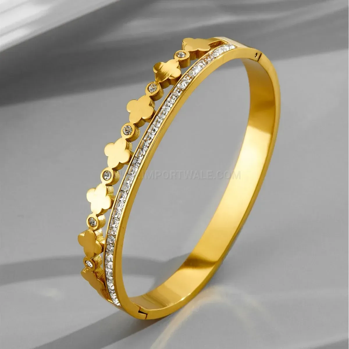 Rhinestone Four-Leaf Clover Layered Stainless Steel Bangle