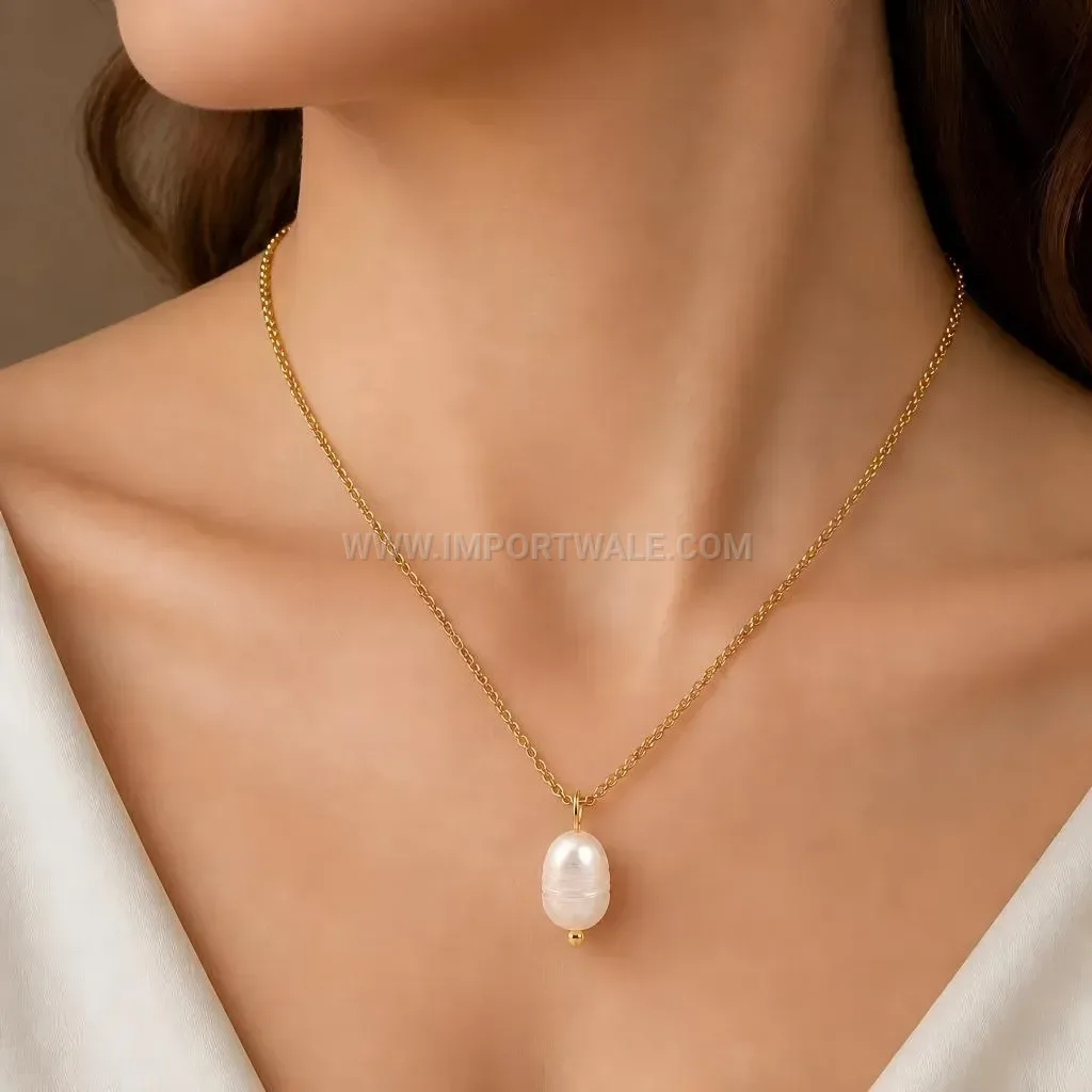 Baroque Pearl Layering Stainless Steel Gold Pendant Necklace