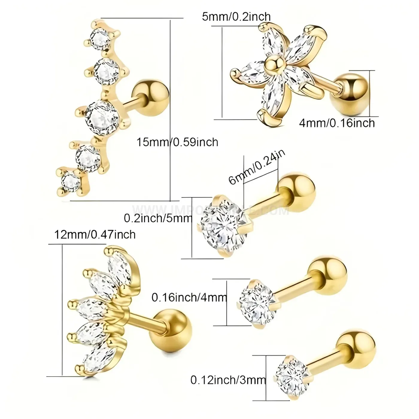 Elegant Stainless Steel Floral Vine Crystal Threaded Piercing Stud Set