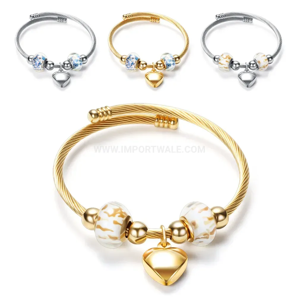 Stylish Beaded Heart Accent Stainless Steel Open Bangle Bracelet