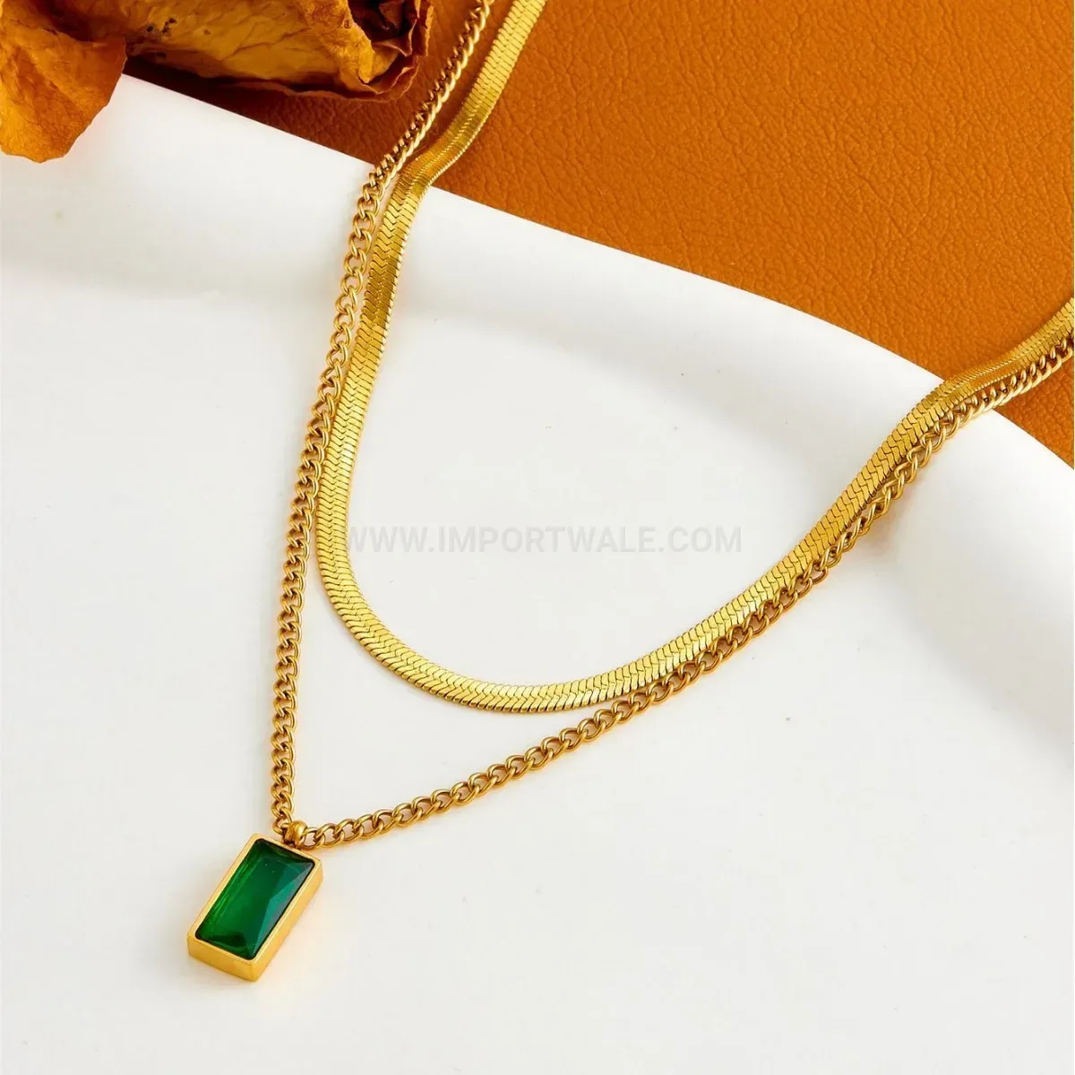 Modern Gold Titanium Steel Layered Snake Chain with Green Cubic Zirconia