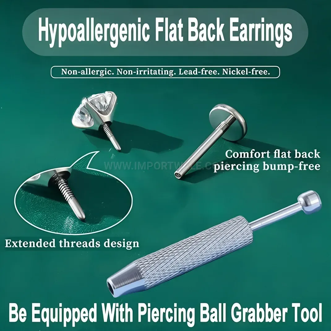 Elegant Internal Thread Cubic Zirconia Flat Back Stainless Steel Stud Set