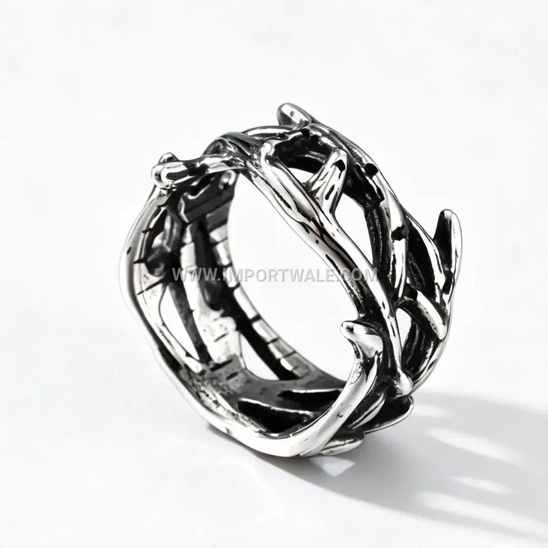 Men Antique Stainless Steel Thorns Punk Band Ring