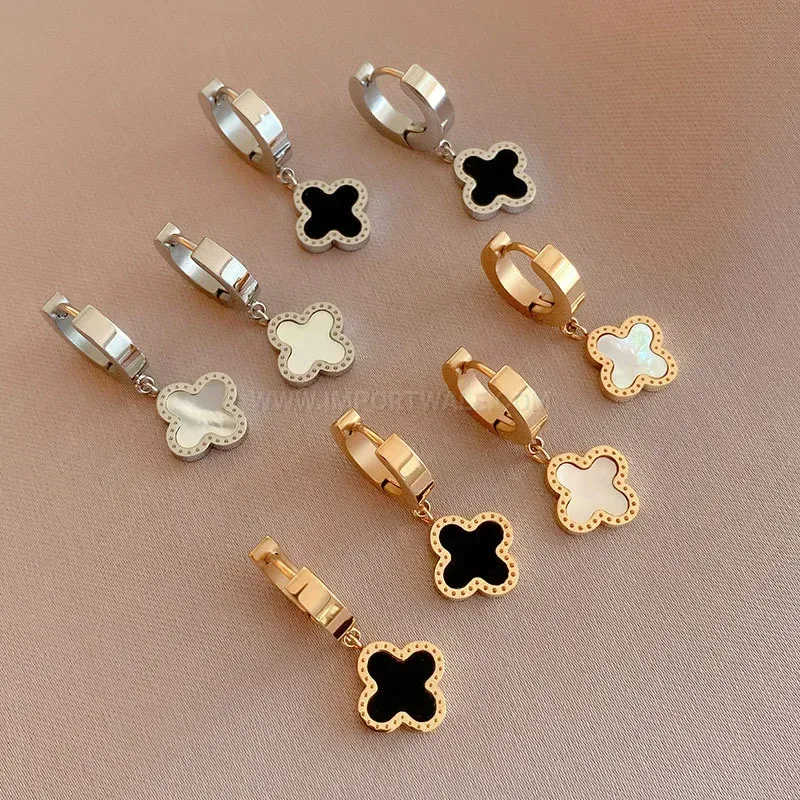 Elegant Four Leaf Clover Shell Inlay Titanium Steel Earrings