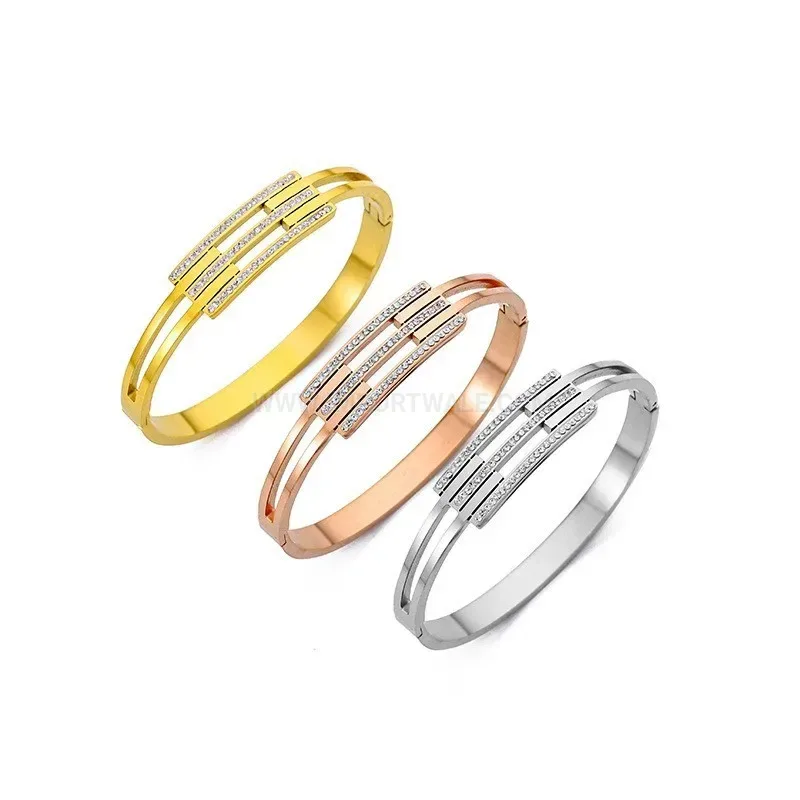Classic Multi Layer Rhinestone Open Titanium Steel Cuff Bangle