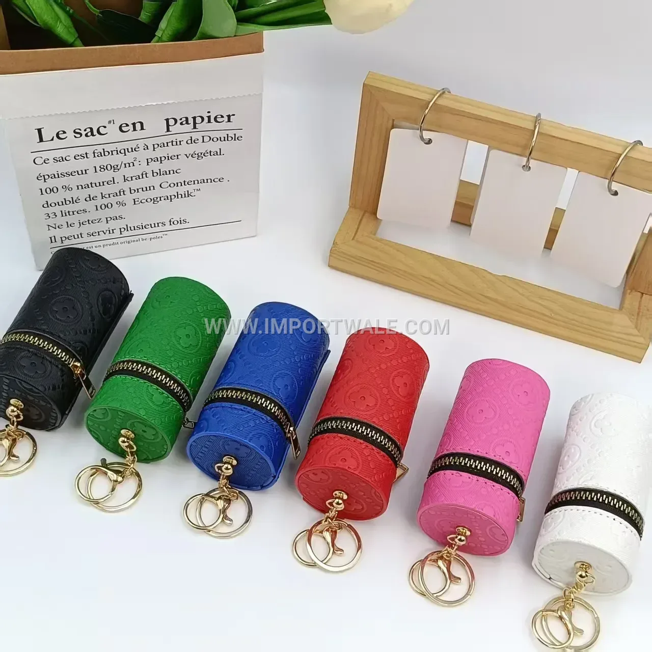 Embossed Faux Leather Mini Pouch Key Ring Charm