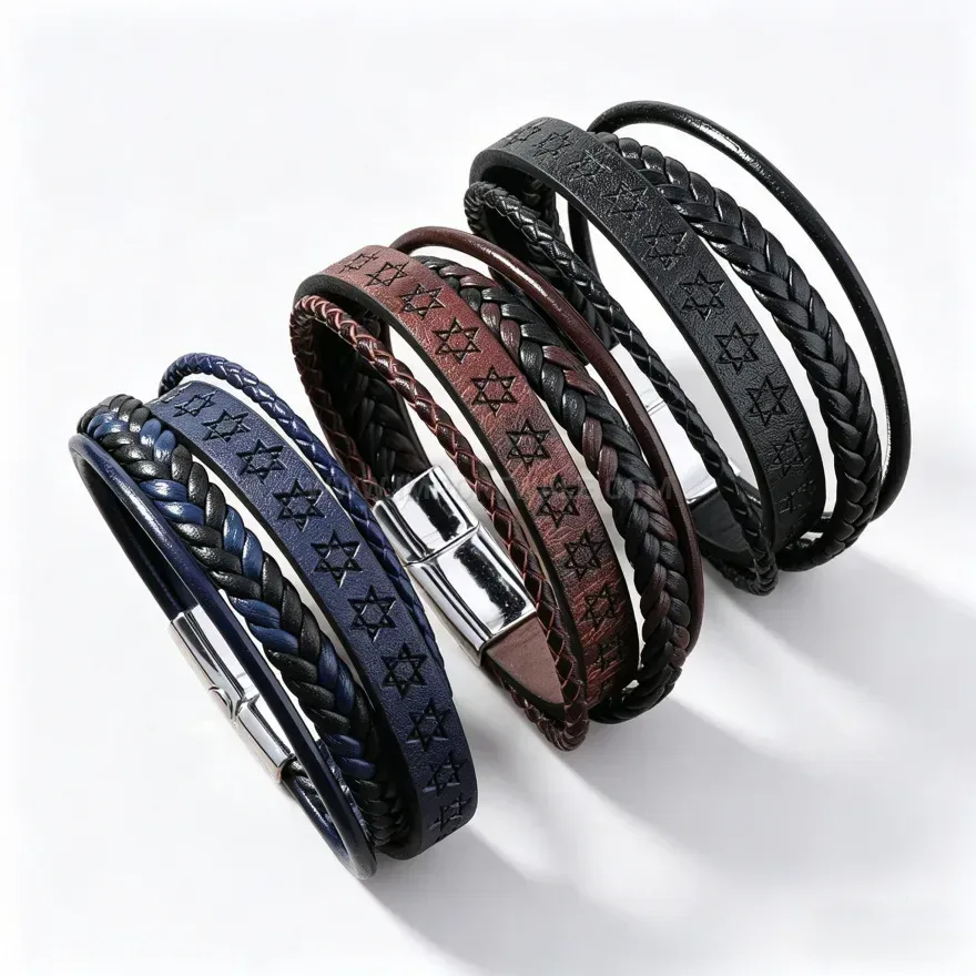 Chic Vintage Hexagram Woven PU Leather Bracelet with Magnetic Clasp