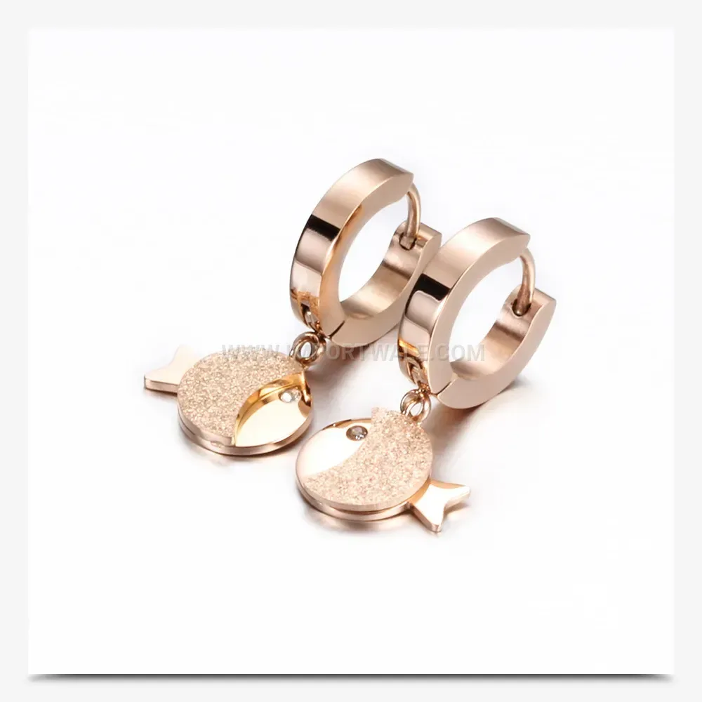Rose Gold Frosted Stainless Steel Fish Hoop Earrings