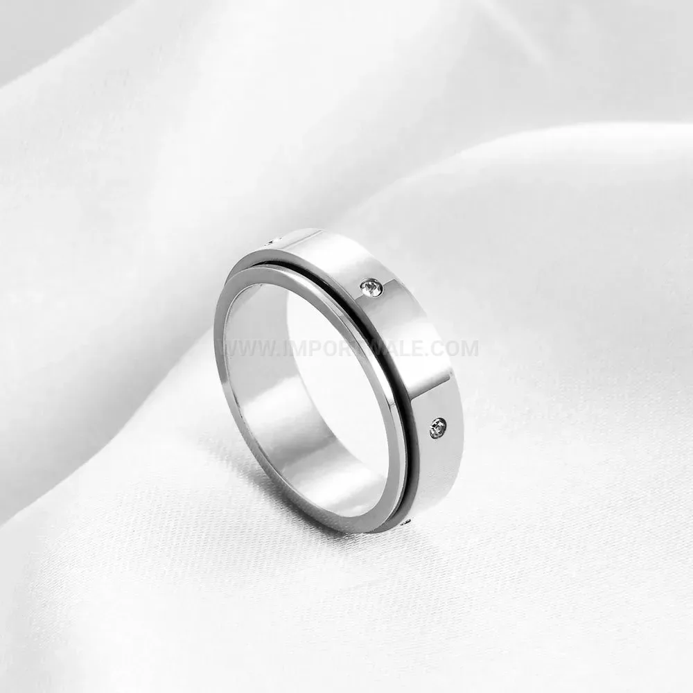 Spinner Stainless Steel Band Ring with Symmetrical Crystal Accents