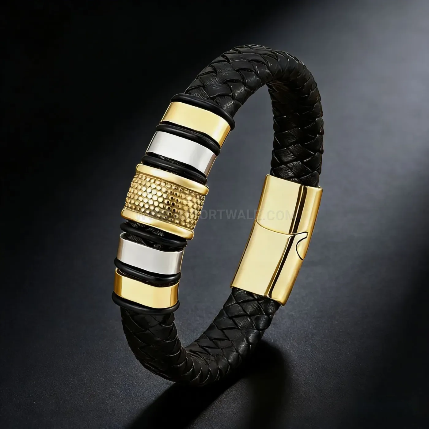 Elegant Woven Black Leather Cord Bracelet with Metallic Clasp