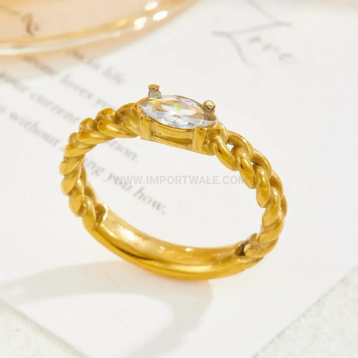 Twisted Gold Plated Stainless Steel Adjustable Zircon Ring
