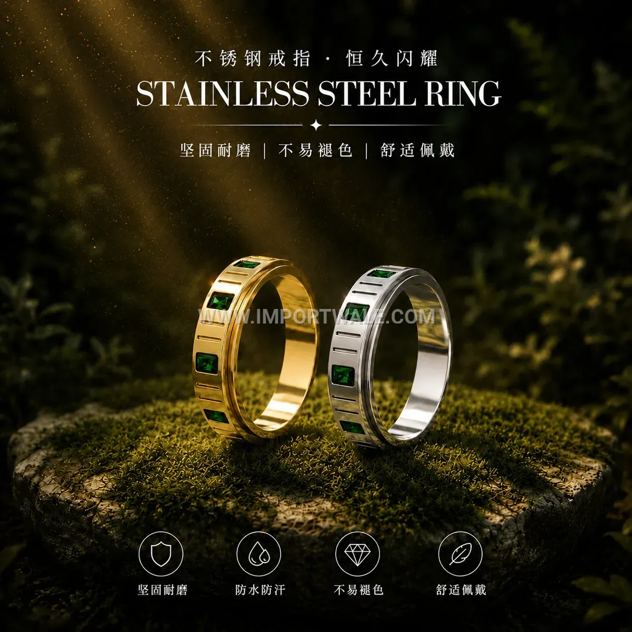 Vacuum Plated Stainless Steel Rhinestone Band Ring