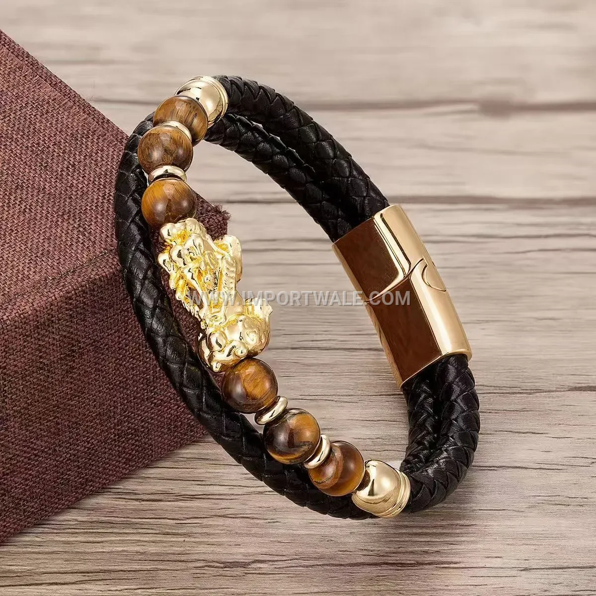 Braided Leather and Natural Stone Pixiu Charm Magnetic Bracelet